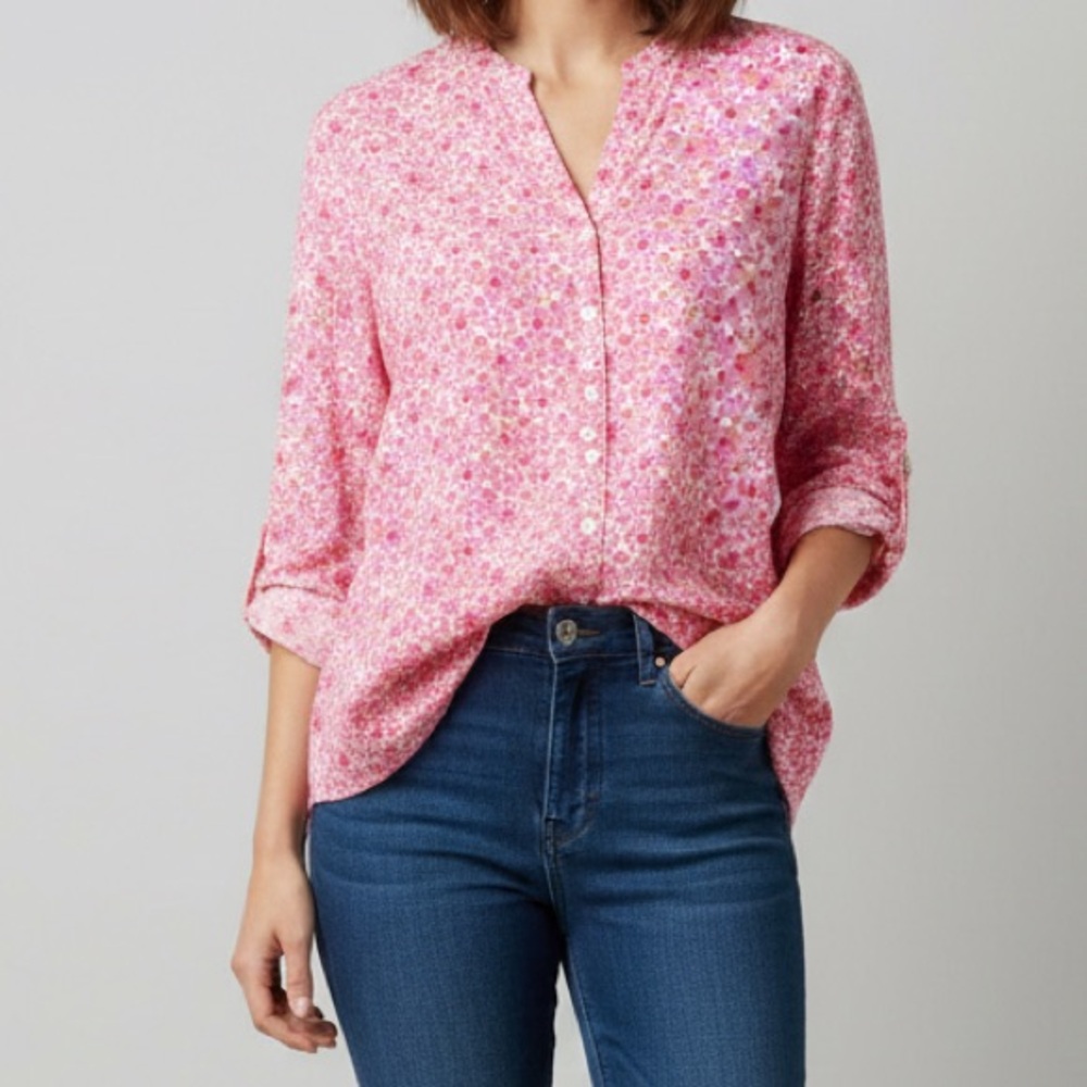 Pink Floral V-Neck Button Front Blouse